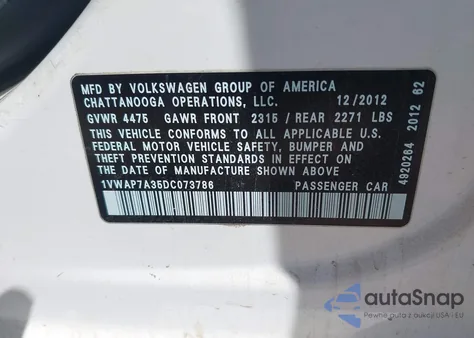 2013 Volkswagen Passat 2.5L S z USA, uszkodzony, nr VIN 1VWAP7A35DC073786